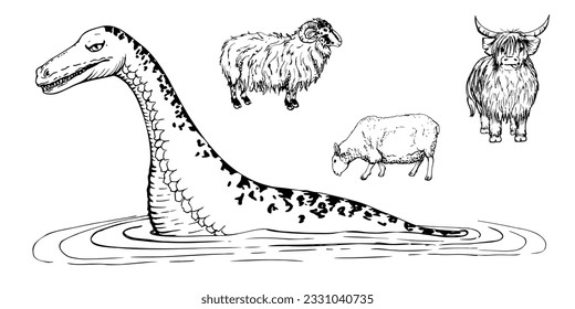 Ink hand drawn vector sketch of isolated objects. Scotland animal symbols. Sheep and ram, hairy coo highland cow, Loch Ness monster. Design tourism, travel, brochure, menu, guide, print, card, tattoo