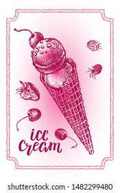 Ink hand drawn Waffle cone ice cream with cherry. Vector illustration with brush calligraphy style lettering.