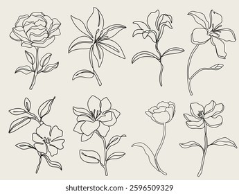 Ink hand drawn wild flowers labels for natural and organic products. bossom leaf line art. roses, leaves, branches logos, minimalist illustration. Simple sketch, black and white.