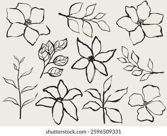 Ink hand drawn wild flowers labels for natural and organic products. bossom leaf line art. roses, leaves, branches logos, minimalist illustration. Simple sketch, black and white.