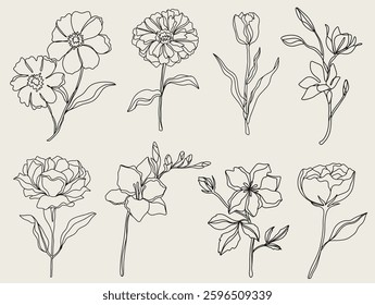 Ink hand drawn wild flowers labels for natural and organic products. bossom leaf line art. roses, leaves, branches logos, minimalist illustration. Simple sketch, black and white.