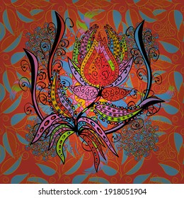 Ink hand sketched shapes. Hand drawn seamless vector pattern with doodle leaves. Pattern on a blue, orange and pink colors.