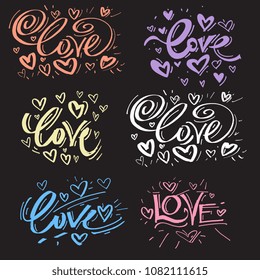 Ink hand written lettering about love to valentines day design poster, greeting card, photo album, banner, calligraphy vector illustration collection