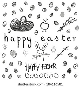 Ink hand-drawn doodle vector Happy Easter set. Easter egg, pussy willow branches, rabbit or bunny, Easter eggs in a basket, chicken. Black and white.