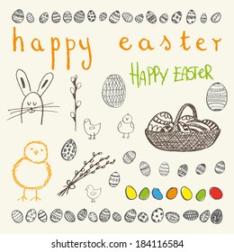 Ink hand-drawn doodle vector Happy Easter set. Easter egg, pussy willow branches, rabbit or bunny, Easter eggs in a basket, chicken.