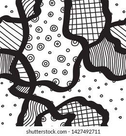 ink handdrawn seamless pattern. textile design. black doodle patches on white