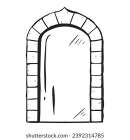 Ink hand-drawn vector. Glass door adorned with a stone arch. Entrance to a shop or restaurant. Antique exterior element. Closed entry. Wedding arch. An elegant addition to building design