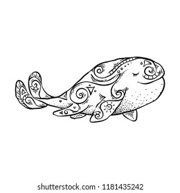 Ink hand-painted tribal whale. Graphical vector ornate illustration for tattoo, design, cards, print, t-shirt, coloring books.
