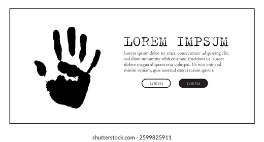 Ink handprint on white background with text and button. Design template web banner for posters about human rights, equality and friendship.