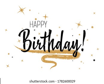 Ink Happy Birthday lettering, greeting card calligraphic design with gold star sparkles. Black Happy Birthday typography template. Card banner with handwritten text. B-day greeting poster.