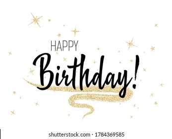 Ink Happy Birthday lettering, greeting card calligraphic design with gold star sparkles. Happy Birthday typography template. Card banner with handwritten text. B-day greeting poster.