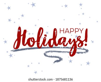 Ink Happy Holidays lettering, greeting card calligraphic design with star sparkles. Red Happy Holidays typography template. Card banner with handwritten text. Greeting poster with stars.