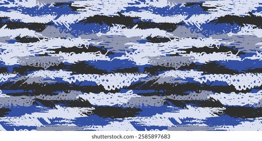 Ink hatch camouflage, modern fashion design. Grunge pencil stroke camo military uniform. Blue sea shade color, fashionable, fabric. Vector seamless dry brush hand drawn texture