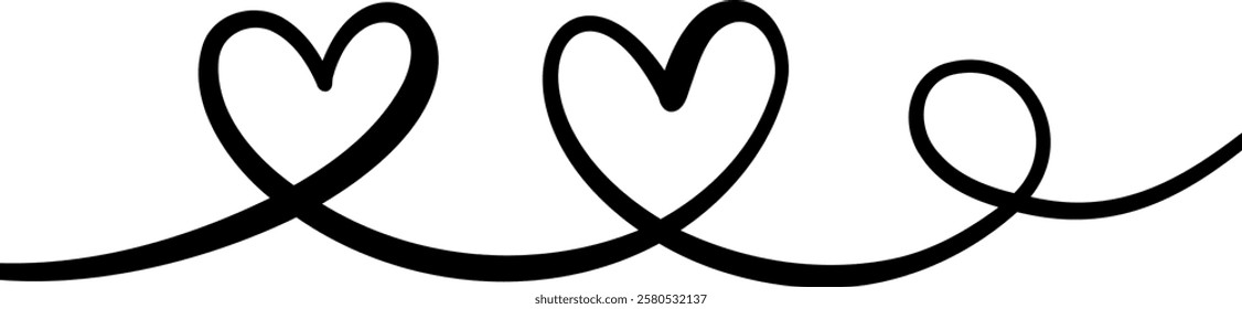 Ink heart swirl loop flourish vector linear banner illustration, isolated