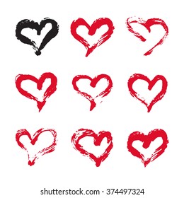 Ink hearts card. Set of 9 hand painted ink hearts. Graphic design element for web sites, stationary printables, fabric, scrapbooking, baby shower, wedding invitations, birthday cards etc.