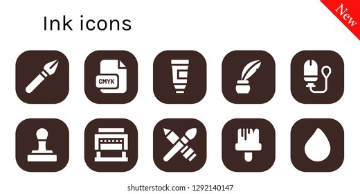  ink icon set. 10 filled ink icons. Simple modern icons about  - Pen, Cmyk, Paint tube, Inkwell, Tampon, Stamp, Guillotine, Brush, Paint brush, Paint drop