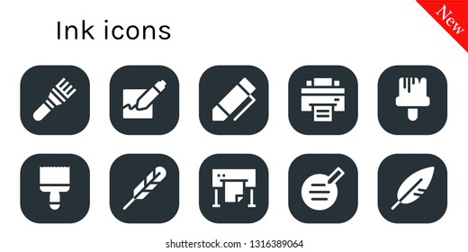 ink icon set. 10 filled ink icons.  Collection Of - Brush, Signature, Pen, Printer, Paint brush, Feather pen, Plotter, Writer, Feather