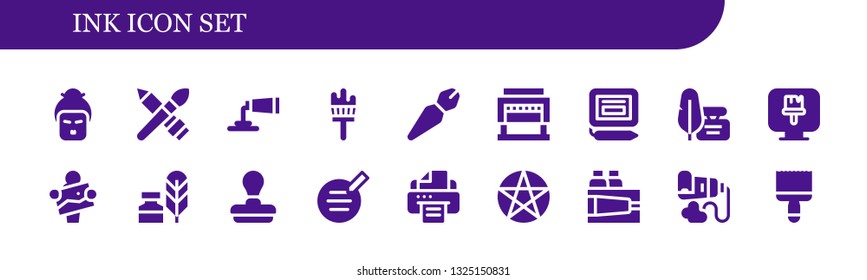 ink icon set. 18 filled ink icons.  Collection Of - Geisha, Brush, Paint tube, Painting brush, Pen, Guillotine, Signature, Ink, Paint brush, Artist, Writing tool, Stamp, Writer