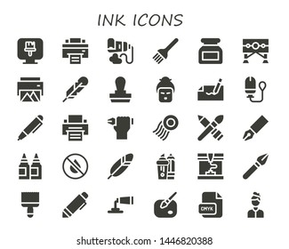 ink icon set. 30 filled ink icons.  Simple modern icons about  - Paint brush, Printer, Paint tube, Brush, Ink, Guillotine, Feather, Stamp, Geisha, Autograph, Tampon, Pen, Inks