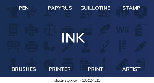 ink icon set. 32 filled ink icons. on blue background style Simple modern icons about  - Pen, Papyrus, Guillotine, Stamp, Brushes, Printer, Print, Artist, Paint tube, Gnosticism