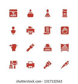 ink icon set. Collection of 16 filled ink icons included Pen, Paint, Printer, Brush, Printing, Vestige, Papyrus, Sculpture, Guillotine, Ink