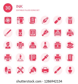 ink icon set. Collection of 30 filled ink icons included Photoshop elements, Printer, Papyrus, Feather, Brush, Ink pen, Paint tube, Art, Paint, Printing, Artist, Pen, Cartridge