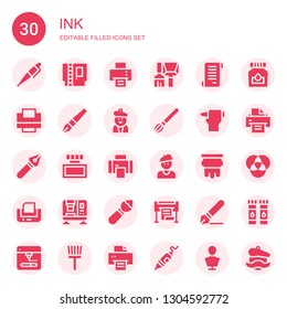 ink icon set. Collection of 30 filled ink icons included Pen, Cartridge, Printing machine, Brush, Papyrus, Printer, Artist, Paint brush, Ink, Silkscreen, Print, Press machine