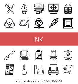 ink icon set. Collection of Paint brush, Rgb, Pen tool, Art, Multifunction printer, Cmyk, Quill, Ink, Paint tube, Printer, Paint bucket, Brush, Canvas, Parchment icons