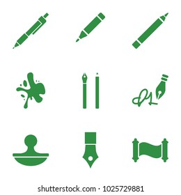 Ink icons. set of 9 editable filled ink icons such as pen, ink pen, stamp, manuscript