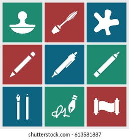 Ink icons set. set of 9 ink filled icons such as mascara, pen, splash, ink pen, stamp