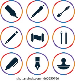 Ink icons set. set of 9 ink filled icons such as mascara, pen, stamp, manuscript