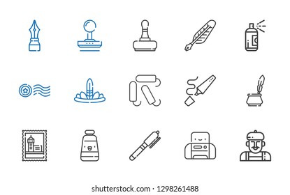 ink icons set. Collection of ink with artist, printer, pen, oil paint, stamp, highlighter, tampon, feathers, paint, quill. Editable and scalable ink icons.