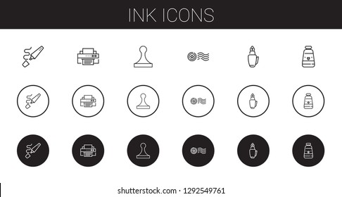 ink icons set. Collection of ink with highlighter, printer, stamp, fountain pen, oil paint. Editable and scalable ink icons.