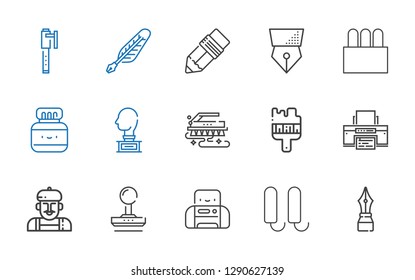 ink icons set. Collection of ink with pen, tampon, printer, stamp, artist, brush, sculpture, chinese ink, quill. Editable and scalable icons.