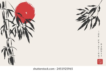 An ink illustration of bamboo against a rising sun, Japanese and Chinese aesthetics. Art for decoration. Painting of beauty of nature, perfect for spa and wellness designs. Not AI.