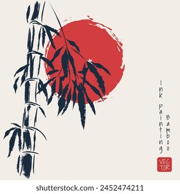 An ink illustration of bamboo against a rising sun, Japanese and Chinese aesthetics. Art for decoration. Painting of beauty of nature, perfect for spa and wellness designs. Not AI.