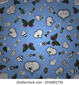 Ink illustration. Brush strokes. Seamless with hearts. Isolated with blue, white and green colors elements background. Ornament for Valentine':s day.