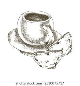 Ink illustration of coffee cup with biscuits black and white illustration. Hand drawn graphics, breakfast drink with sweet cookies clipart for cafe menu , poster, wallpaper design.