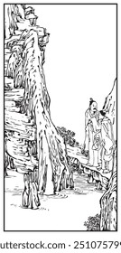 Ink illustration depicting figures on a rocky path, surrounded by towering rugged cliffs, with cascading rocks and sparse vegetation creating a serene, ancient landscape.