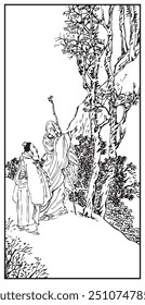 Ilustração a tinta representando duas figuras conversando em meio a uma paisagem montanhosa com árvores imponentes e folhagem densa, capturando um momento sereno e contemplativo.