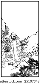 Ink illustration depicts sage with walking staff, carrying basket in rugged mountain landscape, flowing robe emphasizing serene, contemplative demeanor in natural setting.