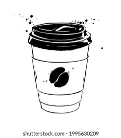 Ink illustration of disposable paper cup of coffee with coffee bean.