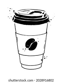 Ink illustration of disposable paper cup of coffee with coffee bean.