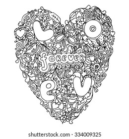 Ink illustration of heart. Lettering love forever. Valentines day doodle isolated on white. Hand drawn doodle St. Valentines vector for design, postcard, printing, decoration. Meditation vector 