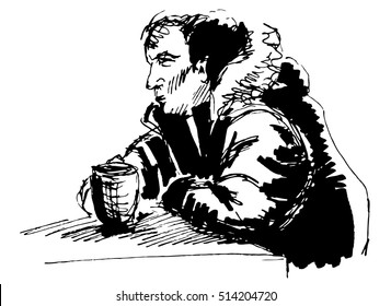 Ink illustration of a man with beer