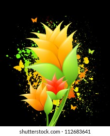 Ink illustration with orange flowers. Vector illustration