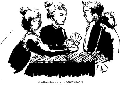 Ink illustration of people playing cards