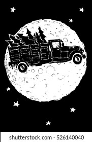ink illustration of trucks with firs against the background of the full moon
