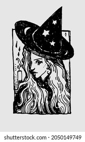 Ink illustration with a wiccan witch girl with long hair and candle on a background. Wizard hat.