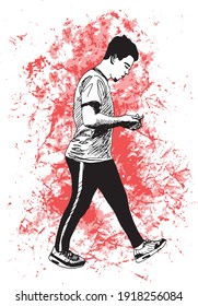 Ink Illustration Of A Young Man (with Goatee) With Black Sweat Pants Walking And Holding A Smartphone, Wearing Tennis Shoes In A Colorful Grunge Background (red)